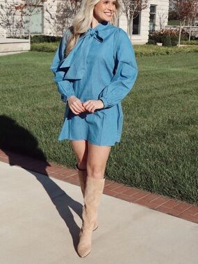 Light Blue Tie-Neck Denim Tunic